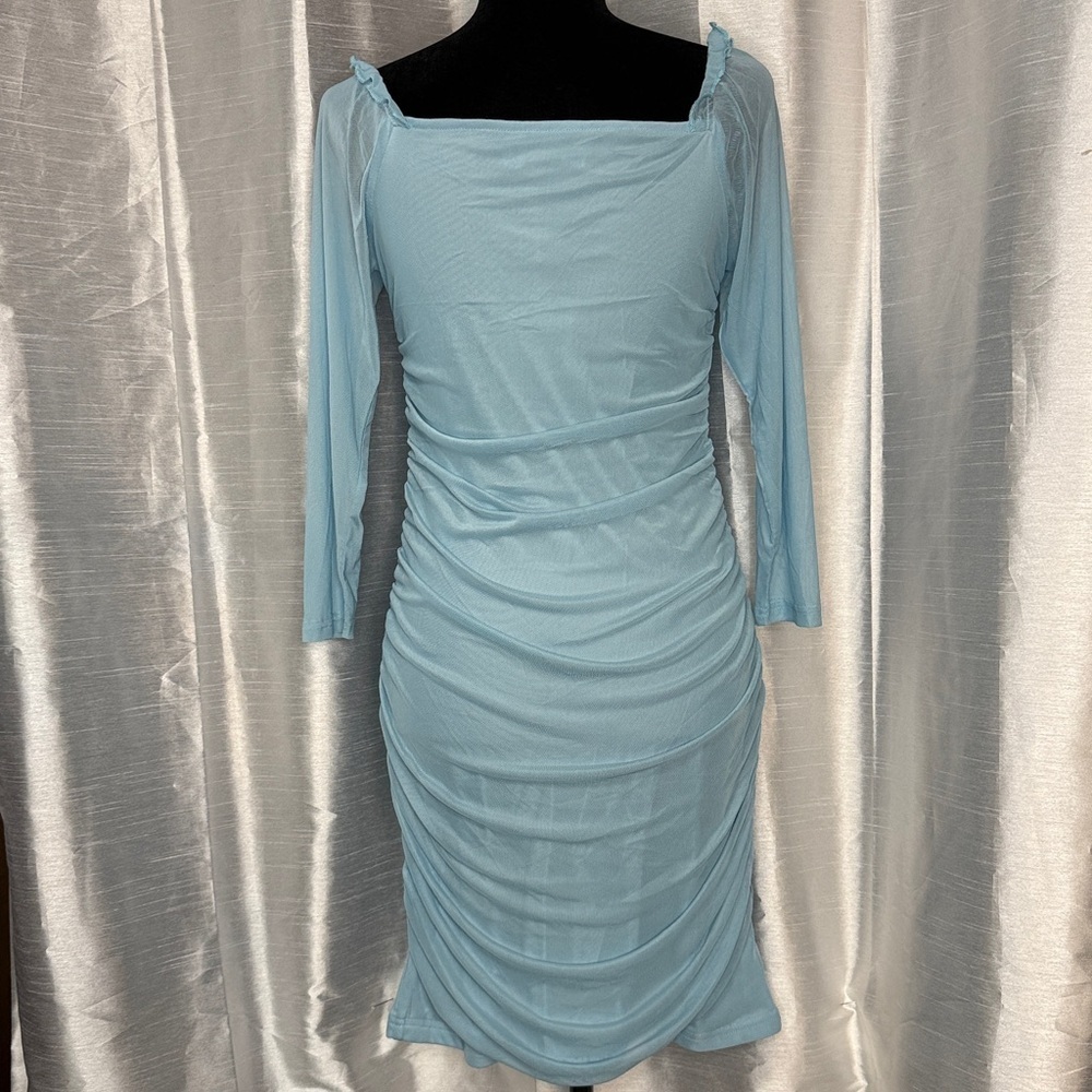 Wulful Ruched Ruffle Dress Jrs 13-14 Lt Blue Sheer Sleeve Lined Square Neck - Picture 4 of 8